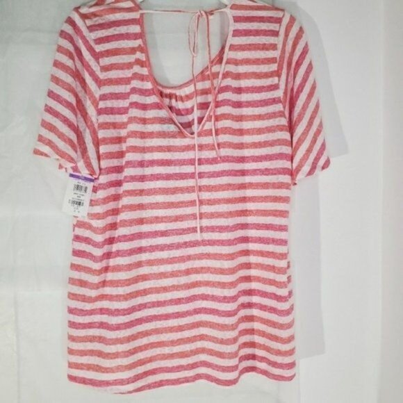 B COLLECTION Womens Shirt Top Tee Soft Coral White Stripe‎ Semi-Sheer Plus 2X - Picture 3 of 7